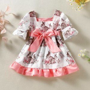 Bunny Rabbit Short Sleeve Girls Easter Bow Dress